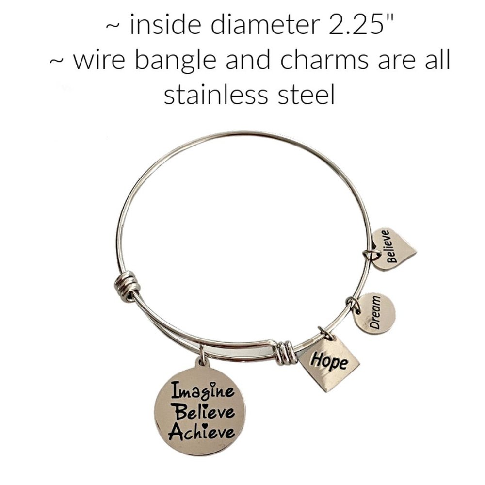 Expandable Bangle Bracelet Imagine Believe Achieve all in Stainless Steel - Picture 2 of 2